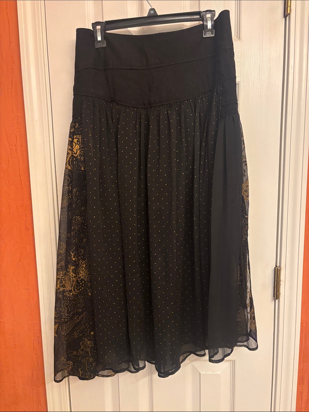 Free People NWT Black Midi Skirt with Gold Dot & Paisley Panels